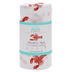 A red lobster print on the front of a white wrapper.