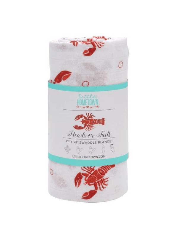 A red lobster print on the front of a white wrapper.