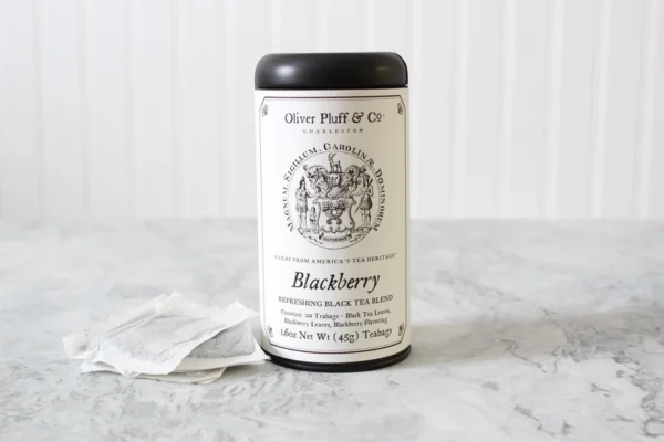 A can of blackberry tea on the counter.