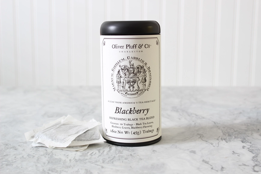 A can of blackberry tea on the counter.