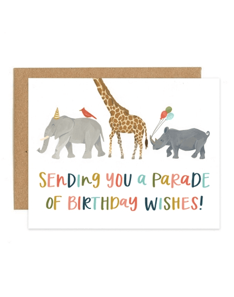 A parade of birthday wishes card with giraffes, elephants and rhino.