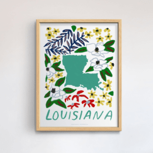 A framed picture of the state of louisiana.