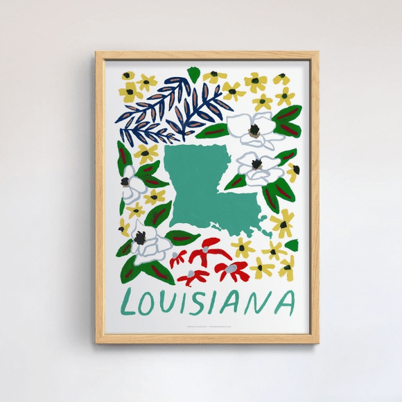 A framed picture of the state of louisiana.