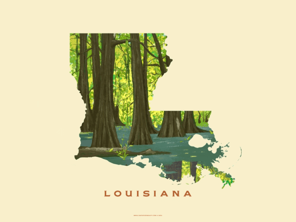 A map of louisiana with trees and water