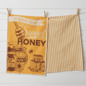 A towel with an image of honey and bees on it.