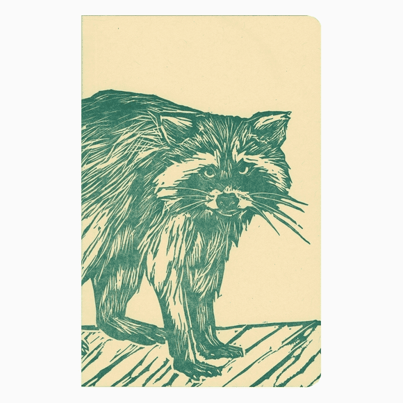 A green drawing of a raccoon on top of a book.