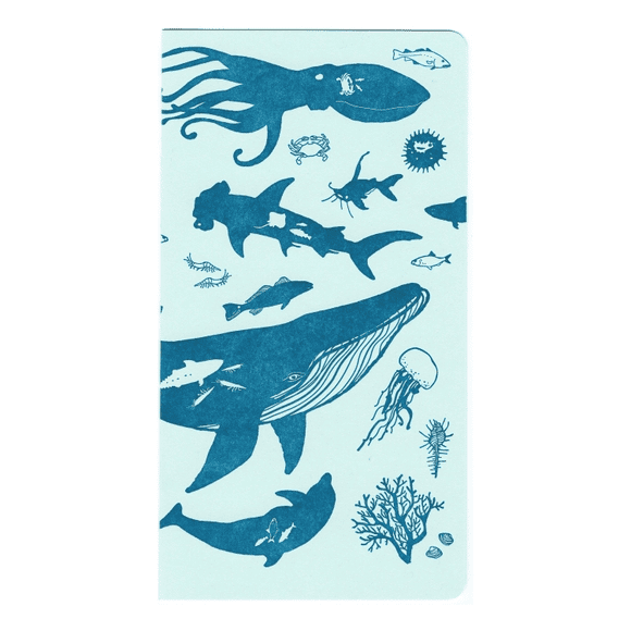 A blue book with various sea animals on it.