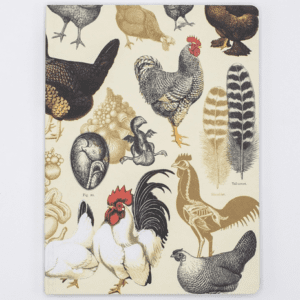 A chicken notebook with many different chickens on it.