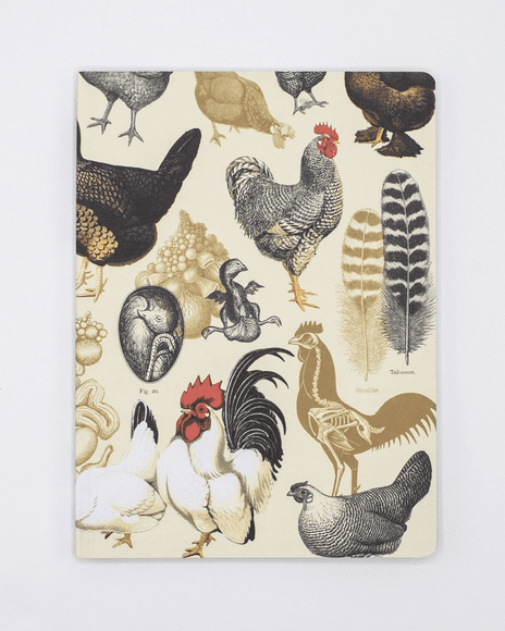 A chicken notebook with many different chickens on it.