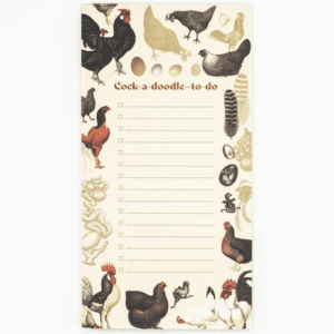 A notepad with chickens and eggs on it.