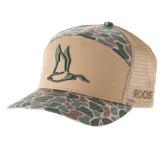 A duck hat with a camo pattern and tan mesh back.