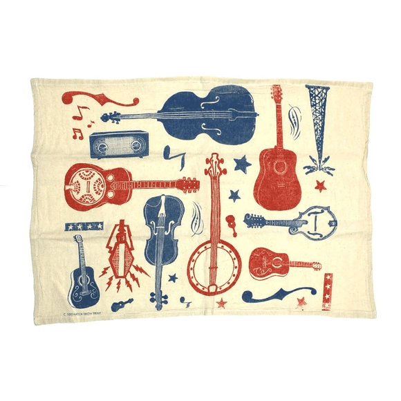 A red and blue musical instrument blanket.