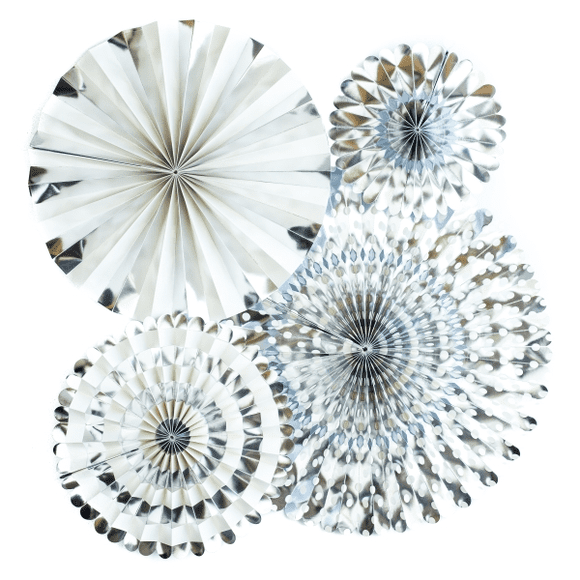 A set of four white and silver paper fans.