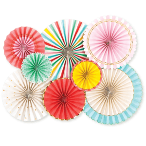 A set of eight colorful paper fans.