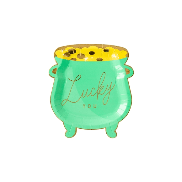 A green pot with gold lettering on it.