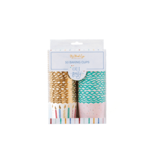 A package of gold, pink and blue bakers twine.