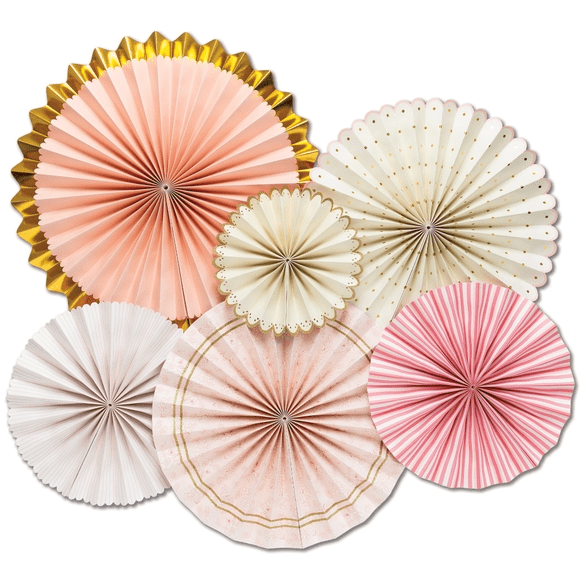 A set of six paper fans in different colors.