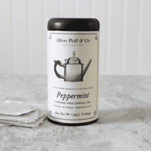 A can of peppermints on the counter