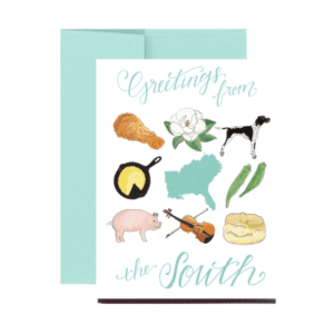 A greeting card with various food items and the words " greetings from south."