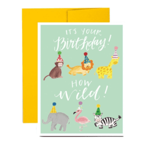 A birthday card with animals wearing hats.