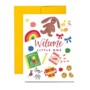 A card with different stickers and a yellow envelope.