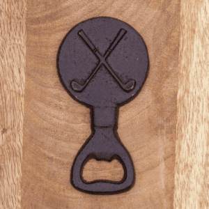 A black bottle opener with an image of two golf clubs.