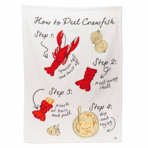 A white towel with drawings of lobster and other foods.