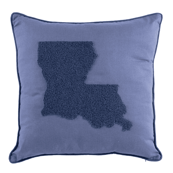 A blue pillow with the state of louisiana on it.