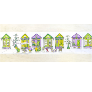 Colorful houses with Mardi Gras parade.