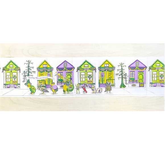 Colorful houses with Mardi Gras parade.