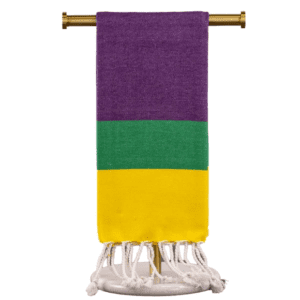 Purple, green, and yellow striped towel.