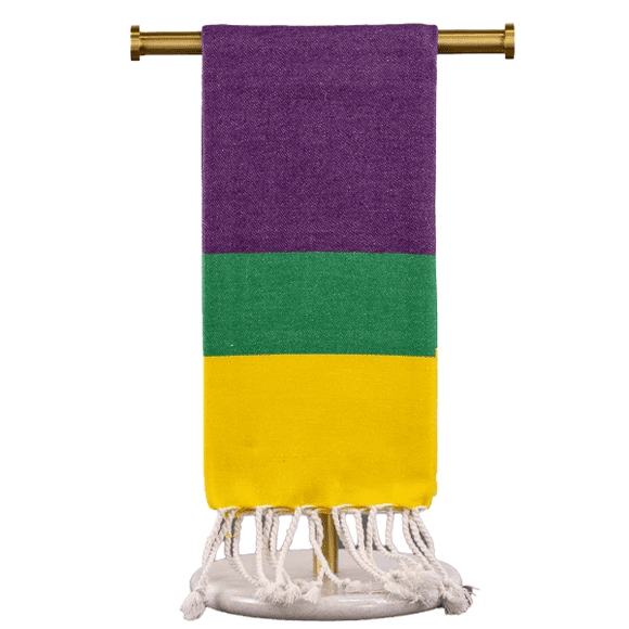 Purple, green, and yellow striped towel.