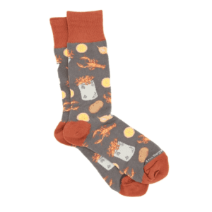 A pair of socks with food on them.