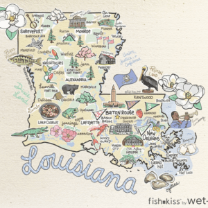 A map of louisiana with many different things on it.