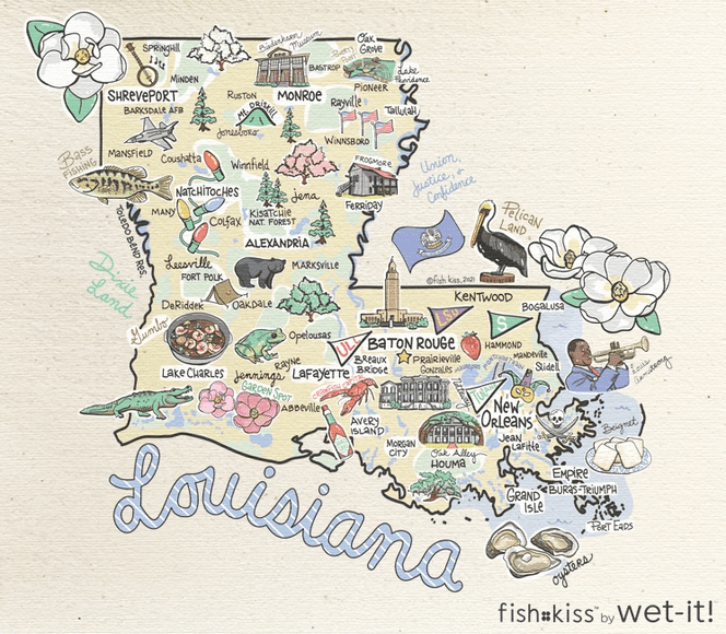 A map of louisiana with many different things on it.