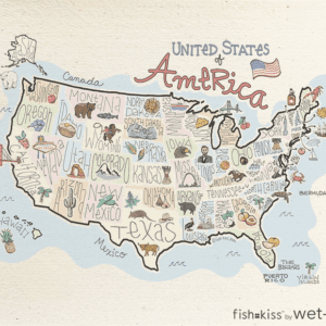 A map of the united states with various symbols painted on it.