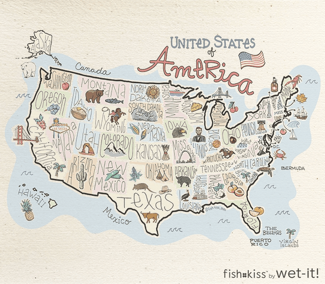 A map of the united states with various symbols painted on it.