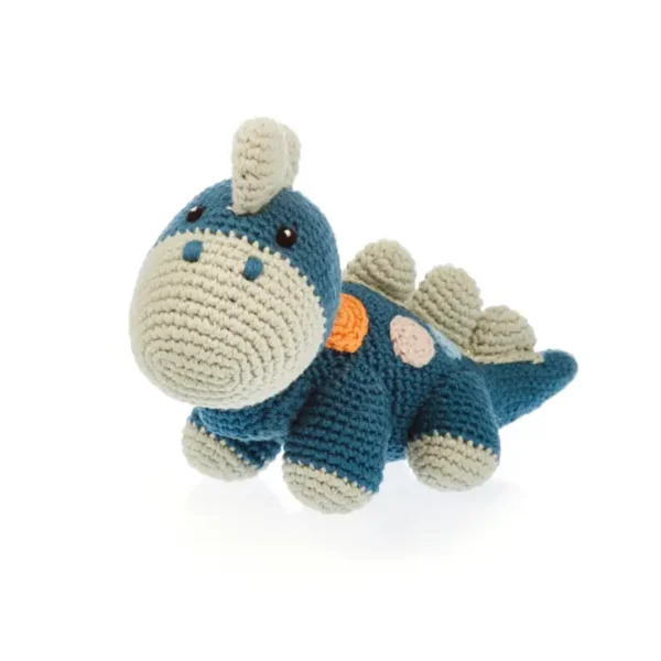 Crocheted blue dinosaur plush toy.