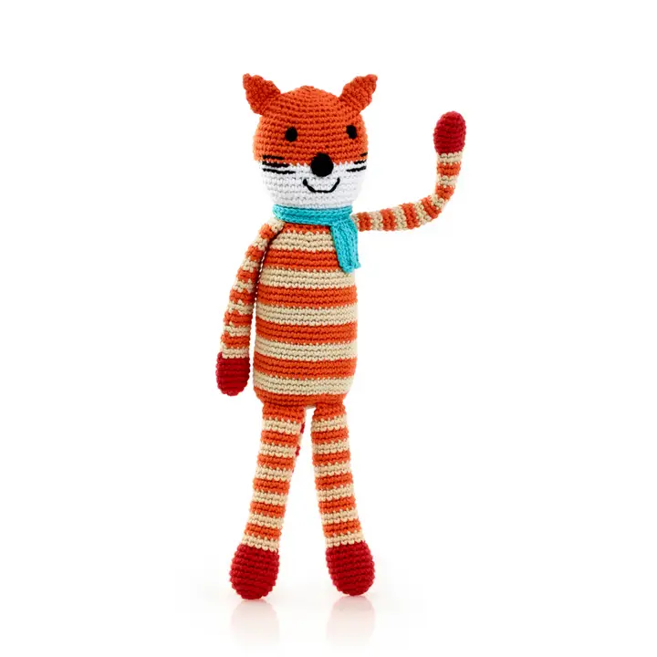 Crocheted striped orange and white cat toy