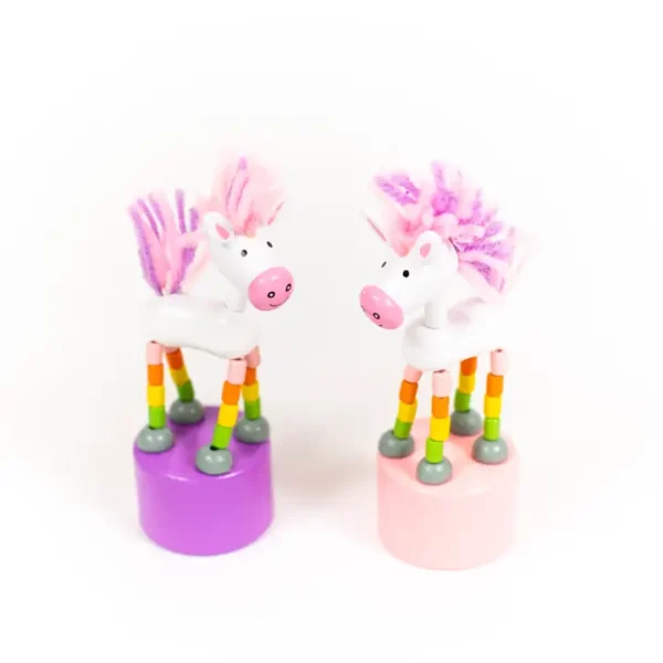 Two rainbow unicorn puppet toys.