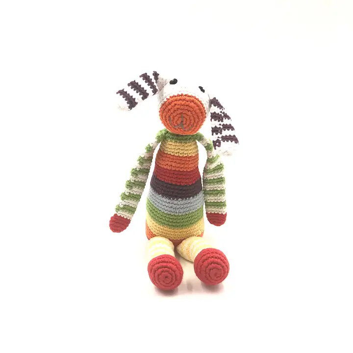 Crochet striped dog toy for babies.