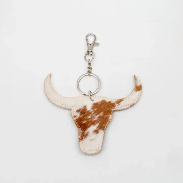 Cowhide leather keychain with bull head design.