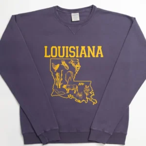 Purple Louisiana sweatshirt with state outline and symbols.