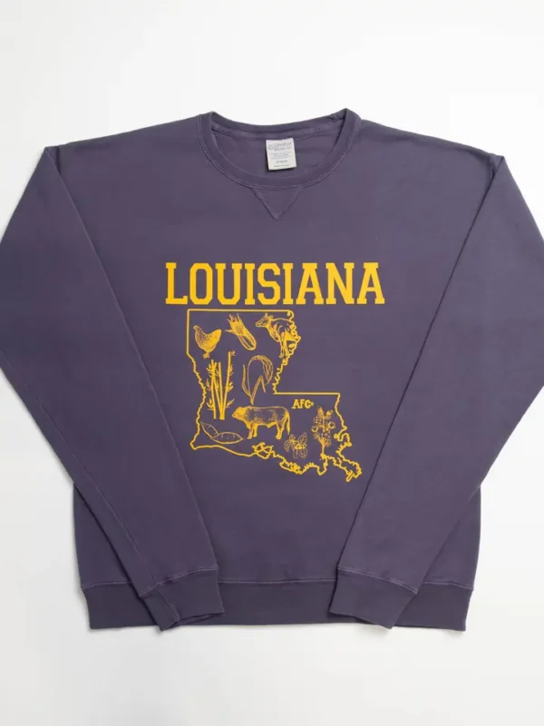 Purple Louisiana sweatshirt with state outline and symbols.