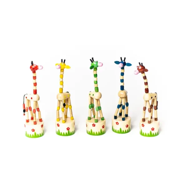 Colorful wooden giraffe toys in a row.