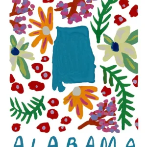 Blue outline of Alabama surrounded by flowers.