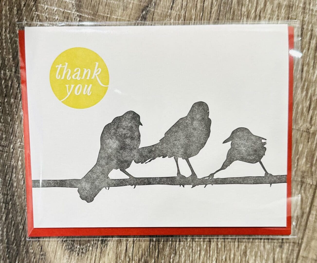 Thank you card with three birds on a branch.