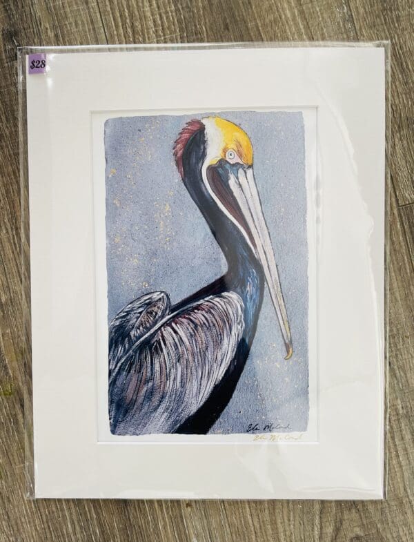 Framed watercolor painting of a pelican.