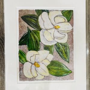 Framed painting of white magnolia flowers.