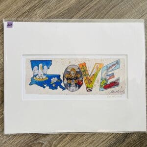 New Orleans themed art print with "LOVE" spelled out.